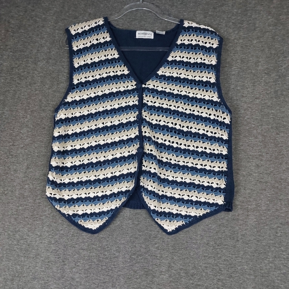 SOSTANZA WOMENS VINTAGE BLUE CREAM WHITE CROCHET BUTTON UP VEST SIZE LARGE